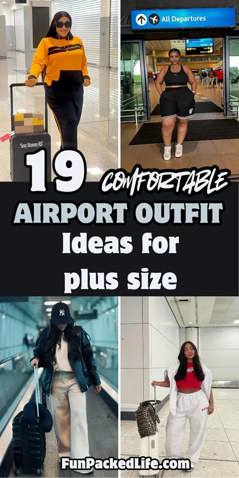 Collage featuring four plus size airport outfit ideas. Top left shows yellow and black color-block sweatsuit with luggage. Top right displays athletic wear with black crop top and shorts at departure gate. Bottom left features casual look with black jacket, beige pants and NY cap. Bottom right shows coordinated white tracksuit with red crop top and leopard print luggage.