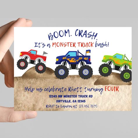 Monster Truck Theme Birthday Party Zazzle, Monster Truck Party Invite, Third Birthday Monster Truck, Monster Truck Third Birthday Party, Big Trucks Birthday Party, Monster Truck Themed 2nd Birthday Party, Second Birthday Monster Truck Theme, Three Year Old Monster Truck Birthday, Monster Truck Birthday Invite