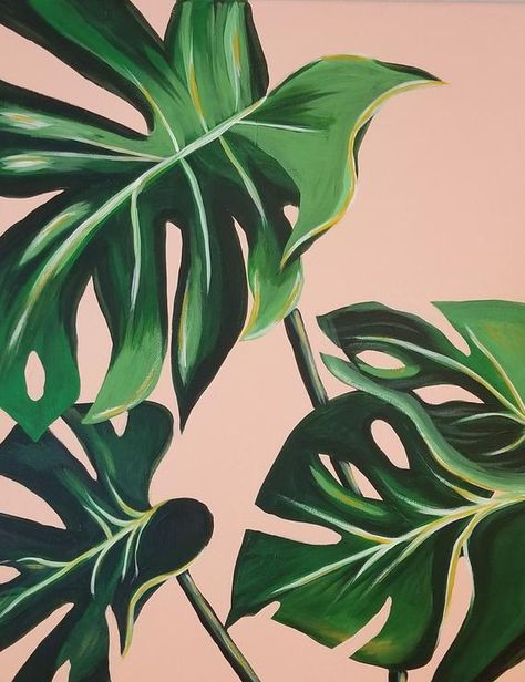 This art print is of an original acrylic on canvas painting of tropical monstera leaves. This painting color and theme was inspired by my love the the Swiss cheese plant. Painting Ideas Plants, Wall Painting Ideas, Cheese Plant, Monstera Leaves, Plant Aesthetic, Plant Painting, 수채화 그림, Painted Leaves, Photo Wall Collage