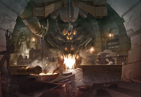 Fantasy Forge Art, Blacksmith Forge Fantasy Art, Fantasy Forge Concept Art, Dragon Age Rpg, Mythical Monsters, The Forge, La Forge, Location Inspiration, Fantasy Places