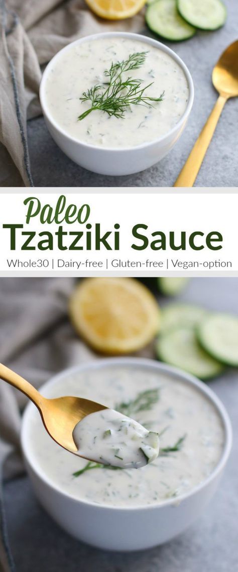 Paleo Tzatziki Sauce is dairy-free, Whole30-friendly and vegan-optional. | whole30 sauce recipes | dairy free dips | vegan dip recipe | paleo dip recipes | homemade tzatziki sauce | healthy tzatziki sauce || The Real Food Dietitians #whole30recipe #whole30approved #tzatzikisauce Dairy Free Dip Recipes, Vegan Dip Recipes, Paleo Condiments, Dairy Free Dips, Paleo Sauces, Dips Recipes, Homemade Tzatziki, Vegan Dip, Resep Diet