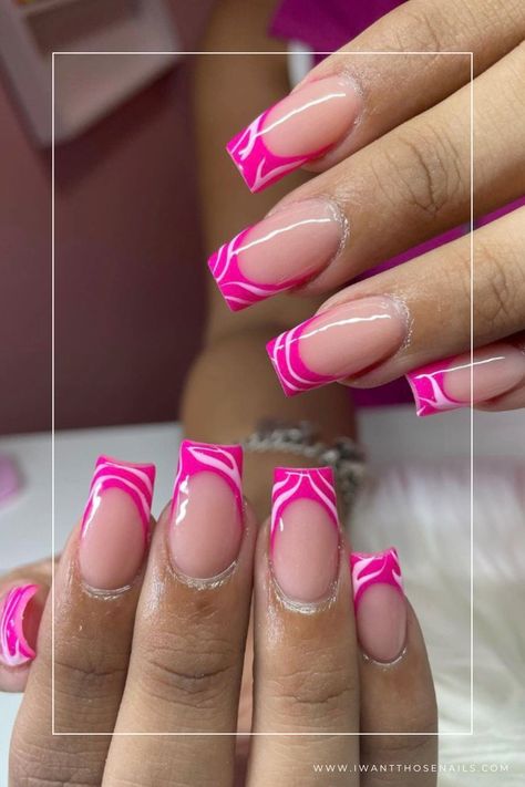 pink french tip nails designs Fushia Nails French, Pink Tip Nails Square, Pink French Tip Designs, Acrylic Nail Designs French Tip, Side French Nails, Pink French Tip Nail Designs, French Tip Designs, Pink Acrylic Nail Designs, Glow Dance