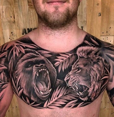 Chest Tattoo Unique, Cover Up Tattoos For Men, Chest Tattoo Drawings, Mangas Tattoo, Gorilla Tattoo, Mens Lion Tattoo, Tattoos Mandala, Cool Chest Tattoos, Pieces Tattoo