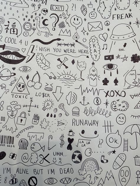 Notebook Doodles Grunge Easy, Cute Things To Doodle On Your Hand, Dark Doodles Simple, Doodle Page Ideas, Doodle Pages Sketchbooks, Drawing On Hand Doodles, Doodles To Draw On Your Hand, Notebook Drawings Doodles, Sketch Notes Doodles