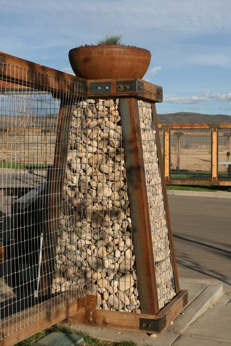 Driveway Gate Diy, Ranch Entrance Ideas, Ranch Entrance, Gabion Walls, Ranch Gates, Gabion Fence, Gabion Baskets, Gabion Wall, Driveway Entrance