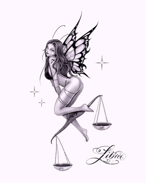 LIBRA 🧚🏻‍♀️💕 Witchy Libra Tattoo, Libra Hip Tattoo, Libra Fairy Tattoo, Aries Libra Tattoo, Libra Drawings, Libra Tattoo Ideas Unique, Libra Drawing, Libra Tattoo Ideas For Women, Nymph Tattoo