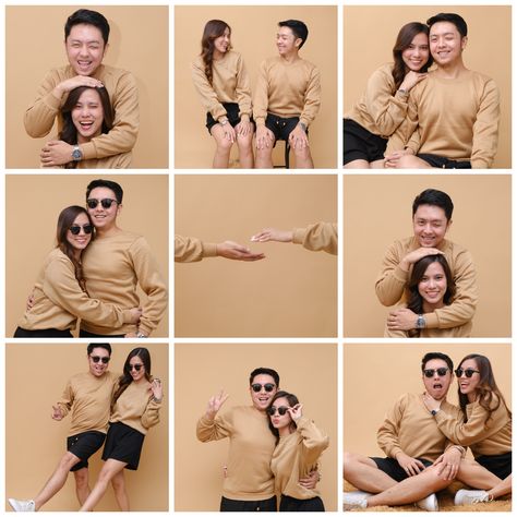 Couple Photoshoot Outfits Studio, Prenup Photoshoot Studio, Prenup Studio Photoshoot Ideas, Self Shoot Studio Poses Couple, Studio Prenup, Studio Couple Poses, Photo Box Couple Pose, Photobox Couple, Photo Booth Poses Couple