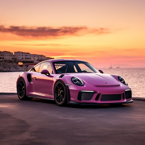 Stunning Porsche GT3RS in a matte pink wrap near the coastline with a vivid sunset in the background Pretty Cars For Women, Porsche Pink, Pink Porsche, Car Pink, Dark Green Wallpaper, Velvet Wallpaper, Porsche 944, Porsche Gt3, Pink Wrap