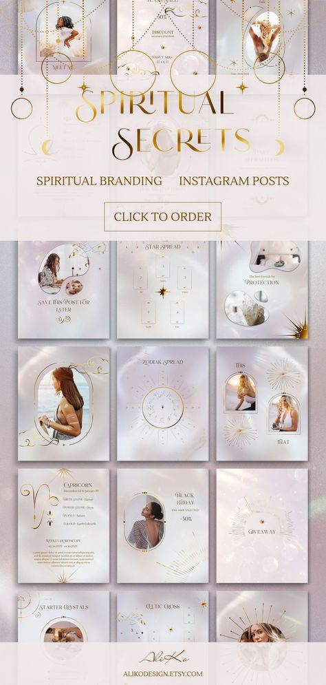 Elevate your spiritual brand with these enchanting Instagram post templates.  Inspired by the magic of pearls, roses, and gold, these witchy Canva designs are perfect for tarot and astrology coaches, as well as crystal sellers.  

Designed to showcase your mystical business, these templates will help you create a unique and professional social media presence.  
.#CanvaTemplates #SocialMediaDesign #InstagramIdeas #PinterestTemplates #CreativeCanva Celestial Instagram Feed, Spiritual Aesthetic Instagram Feed, Spiritual Instagram Feed, Pearl Branding, Ig Post Template, Ig Branding, Beauty Branding Design, Canva Instagram Post, Professional Social Media