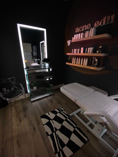 Halloween Esthetician Room, Esthetician Makeup Room, Shared Esthetician Room, Business Room Design, Gray Esthetician Room, Black Esthetician Room Ideas, Esthetician Room In Home, Black Lash Studio Decor, Esthetician Room Neon Sign