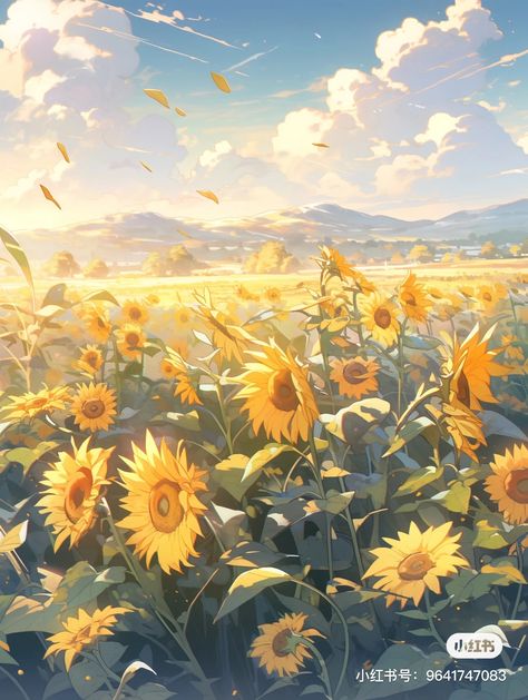 Sunflower Anime Background, Sunflower Anime Aesthetic, Sunflower Drawing, Illustration Story, Fantasy Background, View Wallpaper, Anime Canvas Art, Sunflower Wallpaper, Sunflower Art