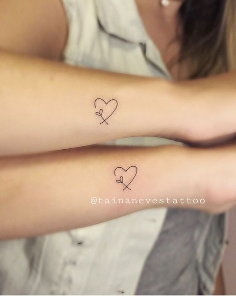 Tiny Matching Tattoos Mom And Daughter, Tiny Sister In Law Tattoos, Small Tattoos For New Beginnings, Tiny Tattoo For Daughter, Simple Heart Tattoo Designs Ideas, Cousin Tattoos Meaningful Small, Sister Wrist Tattoos, Petite Tattoos For Women, Mom Daughter Matching Tattoos