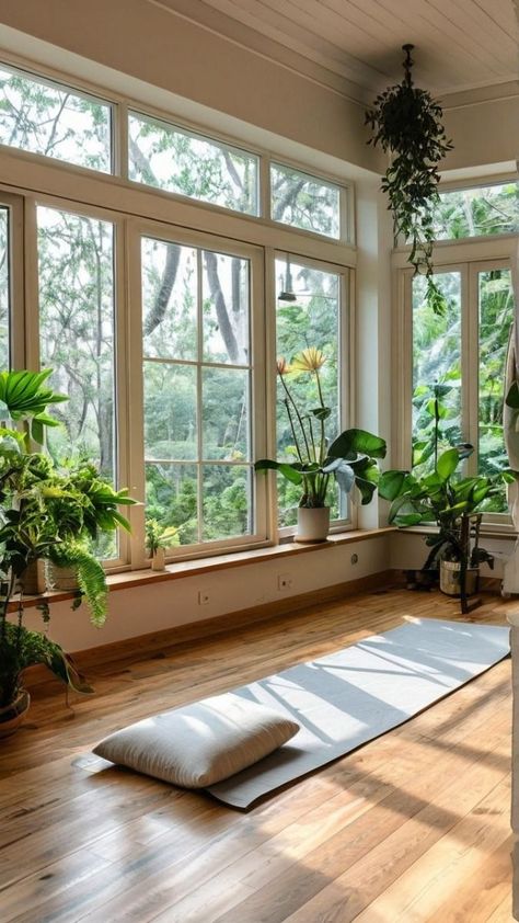 Yoga Room Divider, Yoga And Office Room, Living Room Yoga Space, Sunroom Yoga Space, Sunroom Workout Space Ideas, Yoga Studios Design, Movement Friendly Home, At Home Yoga Space, Yoga Sunroom