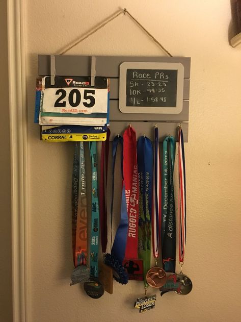 Great way to display race bibs and medals. Runner Medal Display, Race Bib Display, Medal Display Ideas, Bib Display, Race Bib Holder, Race Medal Displays, Marathon Medal Display, Sports Medal Display, Running Bibs