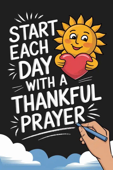 Start each day with a thankful prayer written in bold with a smiling sun holding a heart. Grateful Hearts Drawing, Count Blessings, Ephesians 5 20, Gratitude To God, Little Church Mouse, Prayer Of Thanks, Thanks To God, Promise Keeper, Journaling Ideas Drawings