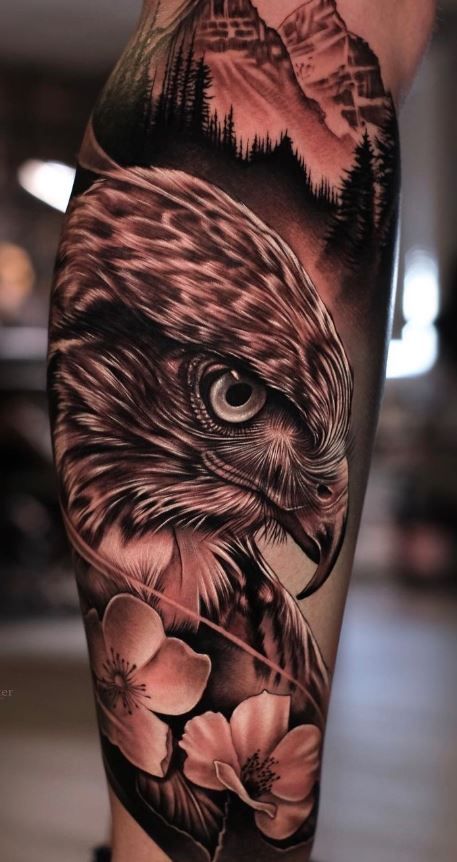 Flower Nature Tattoo, Hawk Tattoos, Bird Of Prey Tattoo, Falcon Tattoo, Black Sleeve Tattoo, Hawk Tattoo, Native Tattoos, Nature Tattoo, Wicked Tattoos