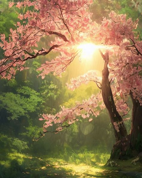 Experience the tranquility of the Sakura tree in a forest with natural lighting. See the forest illuminated by the warm sunbeams as they filter through the trees creating a serene ambiance. Sakura Forest, Sakura Tree, Landscape Photography Nature, Forest Art, Spring Aesthetic, Natural Lighting, Environmental Art, Magical Places, Anime Background