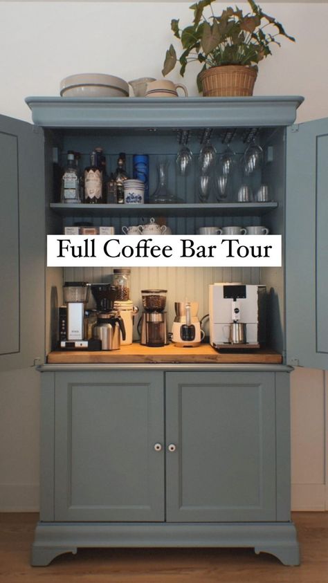 Tv Stand Turned Into Coffee Bar, Coffee Bar Out Of Tv Cabinet, Tv Cabinet Coffee Bar, Kitchen Coffee And Wine Bar, Coffee Dresser Bar, Tea Bar In Bedroom, Pantry Turned Coffee Bar, Coffee Bar Cabinet Diy, Standalone Coffee Bar