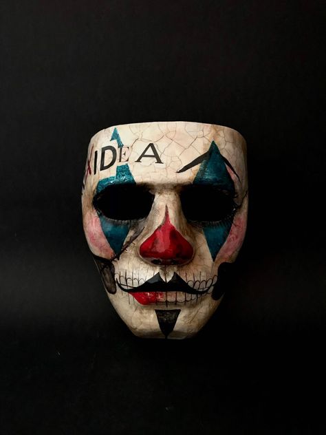 Clown Mask Ideas, Paper Mache Mask Ideas, Halloween Masks Diy, Mask Design Drawing, Halloween Mask Ideas, Evil Clown Makeup, Clown Masks, Skull Clown, Joker Skull