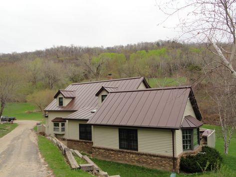 Mansard Brown Colored Metal Roof, Brown Metal Roof, House Color Combinations, Brown Roof House Colors, Brown Roof Houses, Outside House Paint, Brown Roofs, Metal Roof Houses, Metal Roof Colors