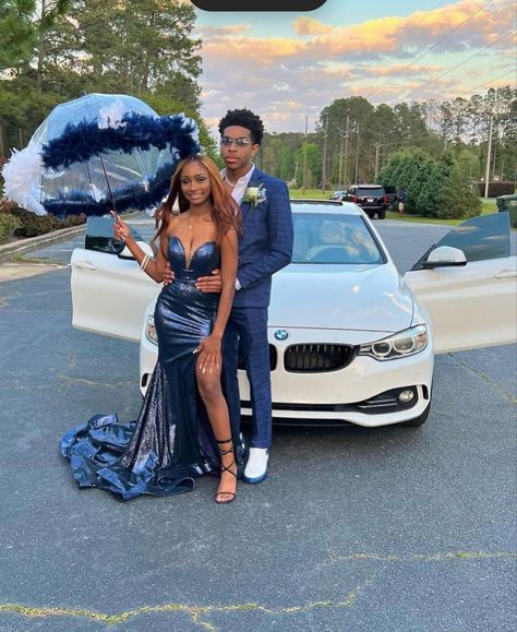 Blue Prom Couple, Guys Prom Outfit, Prom Outfits For Guys, Couples Prom, Couple Prom, Blue Mermaid Prom Dress, Prom Dress With Train, Prom Photoshoot, Prom Couples