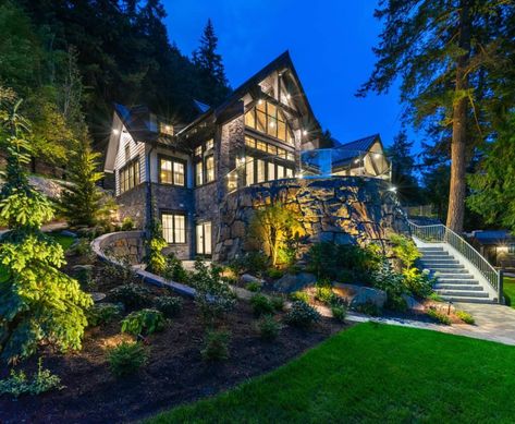 British Columbia Winter, Modern Timber Frame Homes, Modern Timber Frame, Winter House Exterior, Rustic Lake Houses, Timber Cabin, Mansion Exterior, Hillside House, Lake House Plans