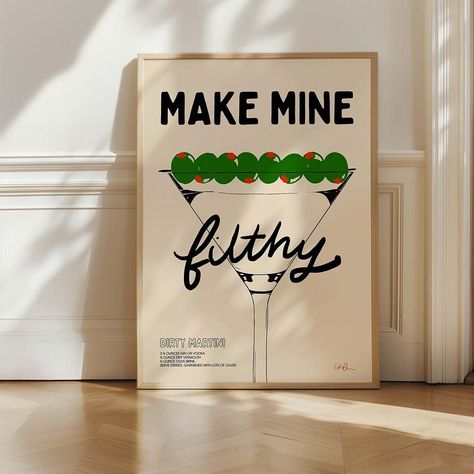 Just in time for the weekend 😉 Cool Bar Decor, Extra Dirty Martini, Modern Kitchen And Dining, Bar Cart Poster, Drinks Poster, Martini Poster, Drinks Art, Bar Cart Prints, Colourful Kitchen