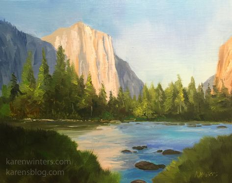 El Capitan Summer Yosemite oil painting ... 9 x 12 inches, oil on linen plein air panel. Merced River and El Capitan in Yosemite Valley ©2017 Karen Winters Fine Art. Yosemite Painting, Yosemite Art, Air Style, Nick Drake, Merced River, Art Major, Daily Painters, Room Painting, California Landscape