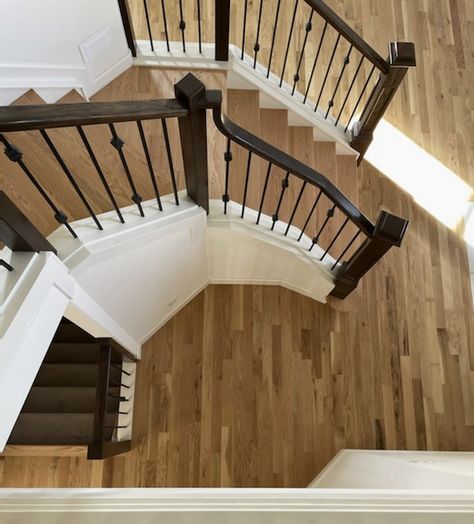 A fresh new look for this white oak floor. We were able to take it from the dark tones similar to the railings, to this natural, light oak. We have the experienced crews to update your hardwood floors. #ahf #areputationyoucanstandon #ethos #yegflooring #yycflooring #neutrals #homeimprovement #sandandrefinish #oldisnew #beforeandafter Railing Makeover, Stair Railing Makeover, Natural Oak Flooring, Light Oak Floors, House Staircase, Oak Stairs, Wood Railing, Hardwood Floors Dark, Living Room Den