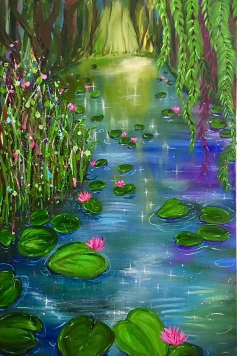 Into The Mystic | leannehughesart #landscapeart #abstractlake #waterlilies Paint N Sip, Into The Mystic, Lotus Flower Art, 5th Grade Art, Inspiration Painting, Paint Acrylic, Forest Painting, Horse Drawings, The Mystic