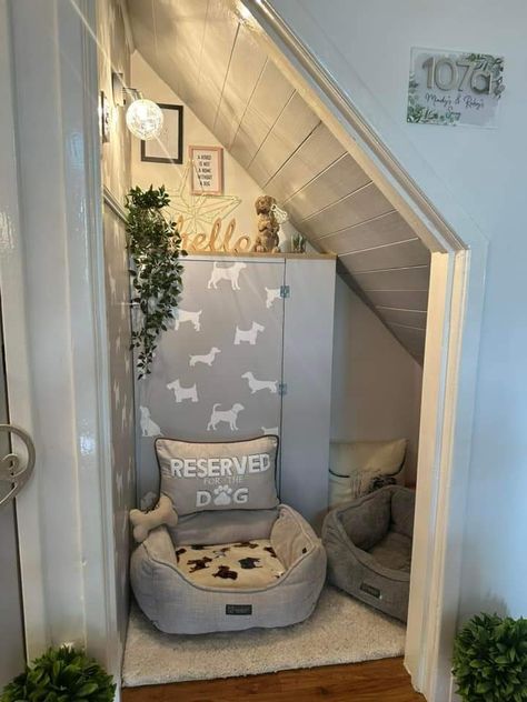 Big Dog Areas In House, Under Stairs Dog House Diy, Pet Nook Ideas, Doggie Area In Home, Dog Rooms In House Bedrooms, Under The Stairs Dog Room, Dog Bedroom Ideas Small Spaces, Dog Den Under Stairs, Dog Patio Ideas Apartment