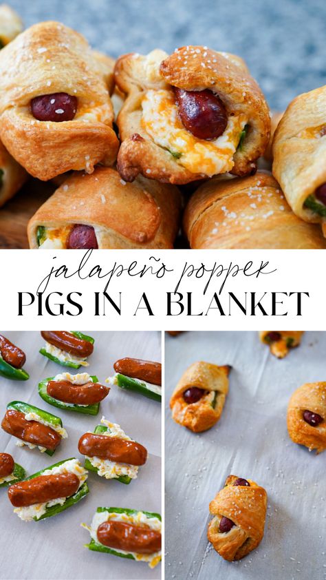 Christmas Jalapeno Poppers, Jalepeno Popper Pigs In The Blanket, Football Pigs In The Blanket, Pigs In Blanket Dipping Sauce, Jalepeno Popper Pig In Blanket, Potluck Recipes Halloween, Little Smokie Appetizer Recipes, Jalapeño Popper Little Smokies, Stuffed Pigs In A Blanket