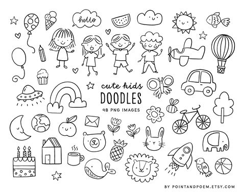 Doodle Clipart Hand Drawn, Clip Art Doodles, Cute Black And White Doodles, Cute Scrapbook Doodles, Cute Fun Doodles, Cute Doodle Inspiration, Cute School Doodles, Preschool Doodles, Kids Doodles Drawing