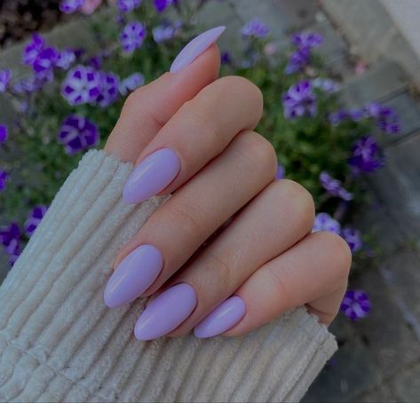 One Color Almond Acrylic Nails, Oval Nails Lilac, Lilac Nails Acrylic Lavender Almond, Solid Lavender Nails, Oval Lilac Nails, Almond Nails Lilac Purple, Matte Lavender Nails Almond, Lilac Acrylic Nails Lavender, Short Almond Nails For Work