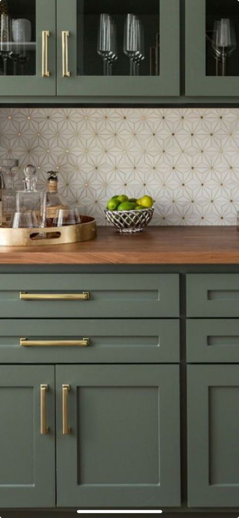 Green Kitchen Brass Hardware, Green Cabinets Kitchen Gold Hardware, Green Cabinet With Gold Hardware, Kitchen Hardware Green Cabinets, Green Kitchen Cabinets Brass Hardware, Green Cabinets With Gold Hardware, Kitchen Backsplash With Green Cabinets, Green Bottom Kitchen Cabinets, Brass Kitchen Hardware