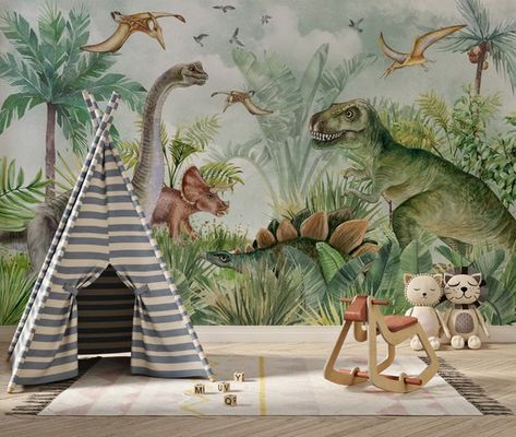 Dinosaur Wallpaper Bedroom, Dinosaur Mural For Kids Bedrooms, Decade Wallpaper, Dino Mural, Dinosaur Wall Mural, Dinosaur Bedroom Wall, Dinosaur Landscape, Dinosaur Themed Bedroom, Dinosaur Mural