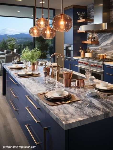 Dark Blue Kitchens, Blue Kitchen Designs, Blue Kitchen Island, Clutter Free Kitchen, Blue Kitchen Cabinets, Blue Cabinets, Kitchen Inspiration Design, Blue Kitchens, Trendy Kitchen