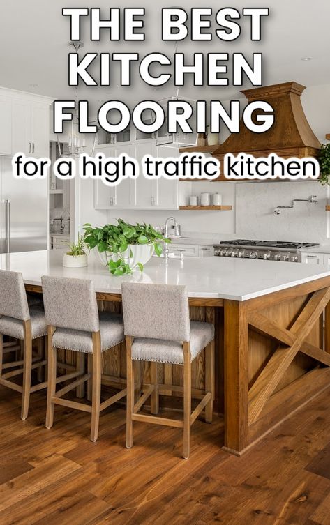 What is the best material for your kitchen floor? Whether you have pets, a small budget or other concerns, our in depth guide will help you choose the best flooring material for your kitchen! From vinyl to hardwood, cork to tiles. #kitcheninspo #kitchenrenos #kitchenflooring #diykitchendecor Kitchen Flooring Ideas Vinyl, Cheap Kitchen Floor, Best Kitchen Flooring, Vinyl Kitchen Floor, Flooring Ideas Vinyl, Diy Kitchen Flooring, Kitchen Flooring Options, Best Flooring For Kitchen, Vinyl Flooring Kitchen