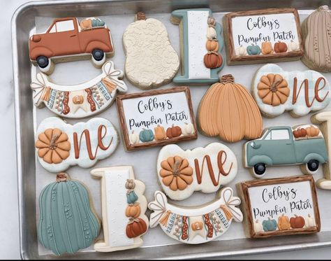 Pumpkin Themed 1st Birthday Party, Fall First Birthday Cupcakes, Fall 1st Birthday Cookies, Fall Festival 1st Birthday Party, Our Little Pumpkin Is Turning One Decor Boy, Fall First Birthday Cookies, First Birthday Party Themes Fall, 1st Birthday Boy Themes Fall, Pumpkin Patch Cookies