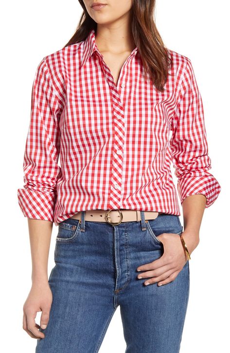 undefined Kelly In The City, Gingham Pants, Pants Cute, Pleated Tops, Women's Button Down Shirt, Gingham Tops, Gingham Shirt, Red Gingham, Silk Maxi Dress