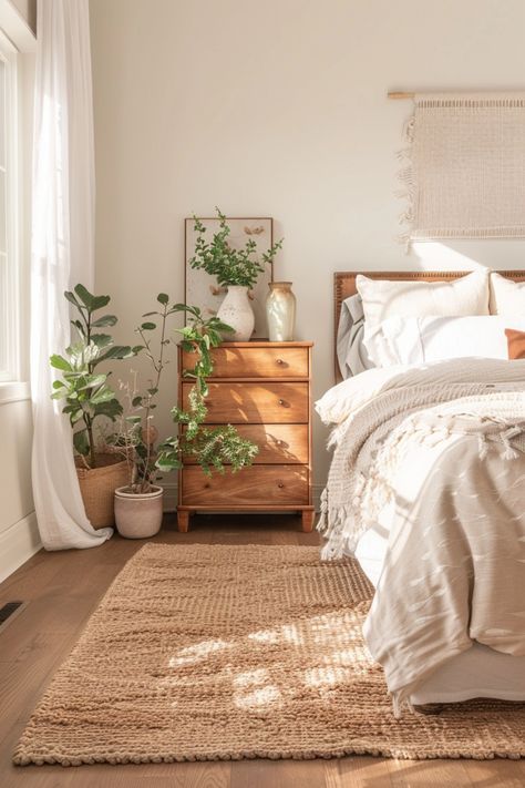 Design your perfect organic modern bedroom using these quick tips and tricks. Minimalism Bedroom Aesthetic, Bedroom Light Wood Furniture, Neutral Bedroom With Plants, Coastal Mid Century Modern Bedroom, Natural Minimalist Bedroom, Cream And Wood Bedroom, White And Natural Wood Bedroom, Bedroom Natural Decor, Earthy Minimalist Bedroom