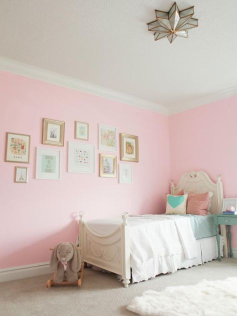 Neutral Paint Shades Designers Love - HGTV.com | HGTV Sw Angelic, Rachel Pink Sherwin Williams, Light Pink Accent Wall Bedroom, Pink Room Walls, Light Pink Walls Bedroom, Pink And Mint Girls Room, Light Pink Accent Wall, Pink And White Walls, Baby Pink Room