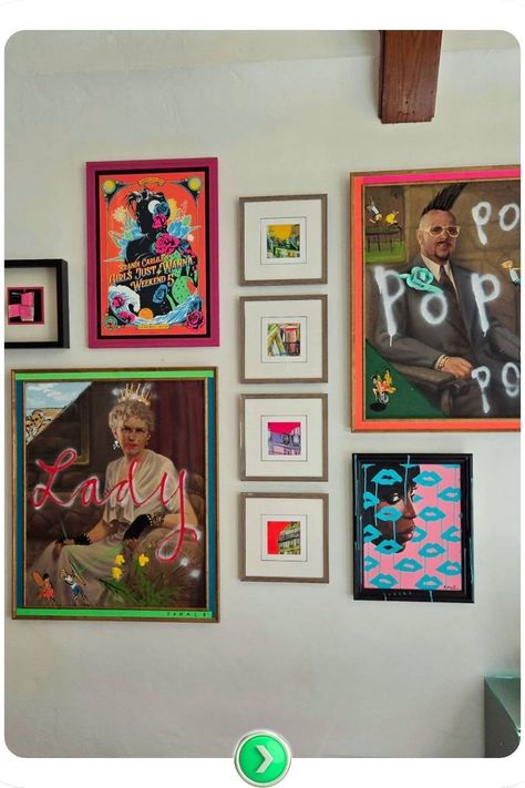 A playful pop-culture-themed picture wall arrangement with vibrant, modern prints. The bold colors and eclectic designs add energy to any room, perfect for art lovers or collectors. Arrange Pictures, Picture Wall Layout, Picture Arrangements On Wall, Wall Portraits, Picture Arrangements, Eclectic Design, Blank Walls, Layout Ideas, Modern Prints