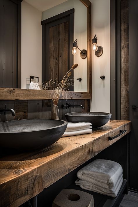 Minimal House Design Interior, Small Bathroom Makeovers, Rustic Modern Bathroom, Design For Small Spaces, Mountain Cabin Decor, Barn Bathroom, Dark Bathroom, Farmhouse Bathroom Ideas, Dark Bathrooms