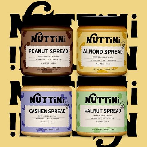 Presenting Nuttini , Nuttini is a premium nut butter brand offering a variety of rich, natural spreads like peanut, almond, and cashew butter. They are dedicated to delivering pure flavors made with the finest nuts and minimal ingredients. - All designs made by @designbyhridya , booking for September are open BOOK NOW!!’ - #dbnuttini @designerbriefs - #designer #branddesign #packagingdesign #graphicdesign #modern #freelance #nutbutter #brand #smallbusiness #identitydesign Peanut Butter Branding, Goat Butter, Butter Brands, Cashew Butter, Open Book, Nut Butter, Cashew, Spreads, Nuts