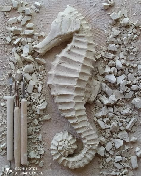 Seahorse Sculpture Clay, Sea Sculpture Clay, Sea Animals Ceramics, Animal Relief Sculpture, Seahorse Pottery, Ocean Clay Ideas, Clay Seahorse, Ceramic Seahorse, Sea Ceramics