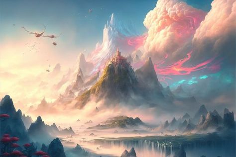 The only place to Heaven from the mortal world. Ancient Chinese mythological landscape. Fantasy art, concept art, landscape. *DM for custom fantasy pieces. Horizontal Fantasy Art, Fantasy Heaven Landscape, Chinese Fantasy Art Landscape, Heaven Concept Art, Heaven Fantasy Art, Landscape Fantasy Art, Fantasy Art Concept, Heavenly Realm, Landscape Concept Art