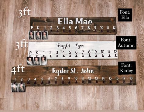 This picture day display sign is perfect to hang all of your children's school pictures from pre-k through 12th grade! The perfect way to display every picture in a one spot and really see their growth from year to year!  See font options in the photo section. Customized with your childs name - we can do first and middle,  first and last, or first middle and last! The customization is completley up to you!  We also know that not everywhere has Pre-K or calls it Pre-K (some Junior Kindergarten) E School Pictures Display, Junior Kindergarten, School Picture Frames, Photo Sign, Age Photos, Picture Boards, School Photo, Photo Board, 12th Grade