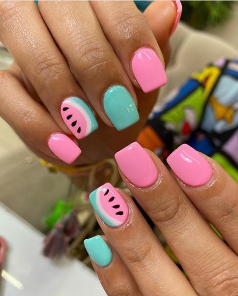 10 Cute Watermelon Nails For The Summer - Wondafox Cute Kids Summer Nails, Summer Nails 2024 Gel, Cute Watermelon Nails, Nails For Little Kids Polish, Summer Watermelon Nails, Nails Girls Kids, Short Watermelon Nails, Very Short Gel Nails Summer, Watermelon Gel Nails