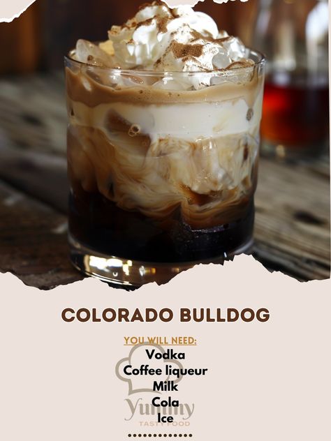 🥛🍫 Indulge in a creamy Colorado Bulldog! #ColoradoBulldog Colorado Bulldog Ingredients: Vodka (1 oz) Coffee liqueur (1 oz) Milk (2 oz) Cola (2 oz) Ice (1 cup) Whipped cream (for garnish, optional) Instructions: Fill a glass with ice. Add vodka and coffee liqueur. Pour in milk and stir well. Top with cola and garnish with whipped cream, if desired. 🍹🥛 A rich and creamy cocktail with a fizzy twist. Perfect for dessert! #CreamyCocktails #DessertDrink #FizzyTwist Colorado Bulldog, Creamy Cocktails, Coffee Liqueur, July 25, Dessert Drinks, Liqueur, Yummy Recipes, Whipped Cream, 1 Cup